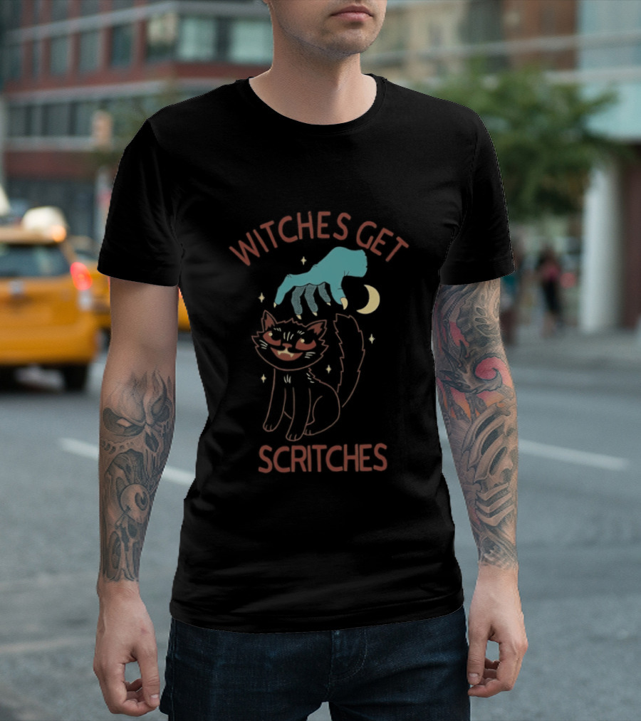 Witches Get Scritches Black Cat Halloween Moon And Hand T-Shirt