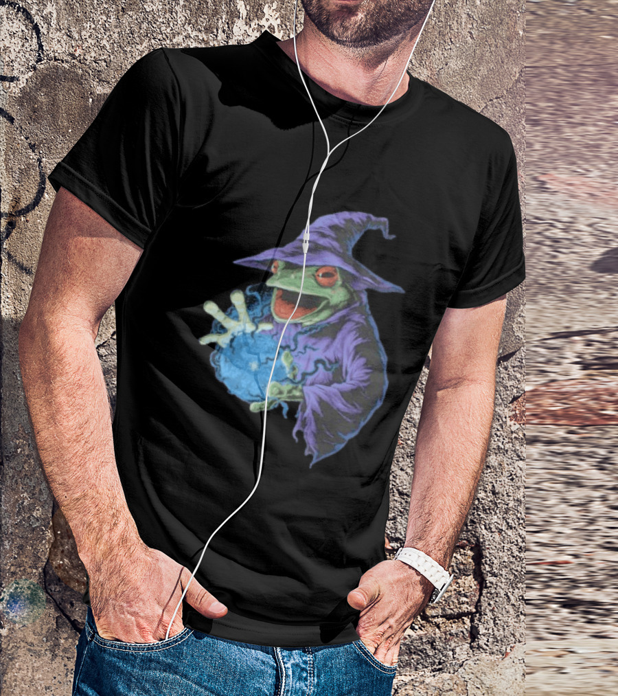 Wizard Frog In Purple Robe Casting Blue Magic Spell T-Shirt