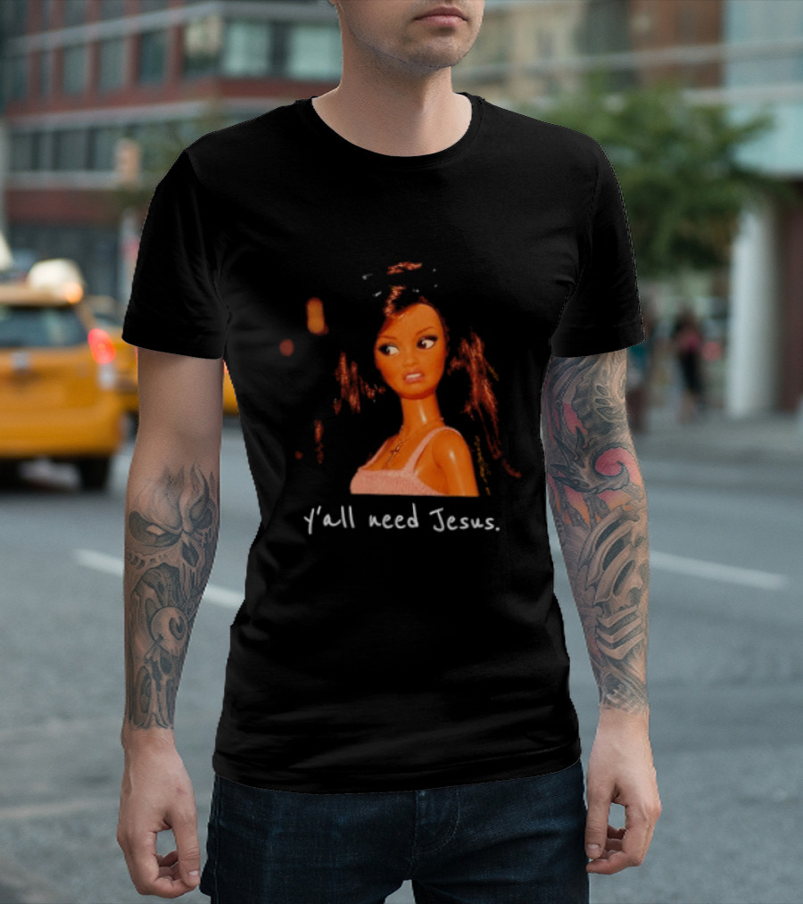 Y'all Need Jesus Doll Funny Meme Brown Hair Orange Dress T-Shirt