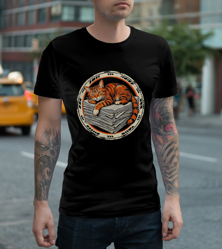 Orange Cat Relaxing On Stack Of Newspapers In Circle T-Shirt