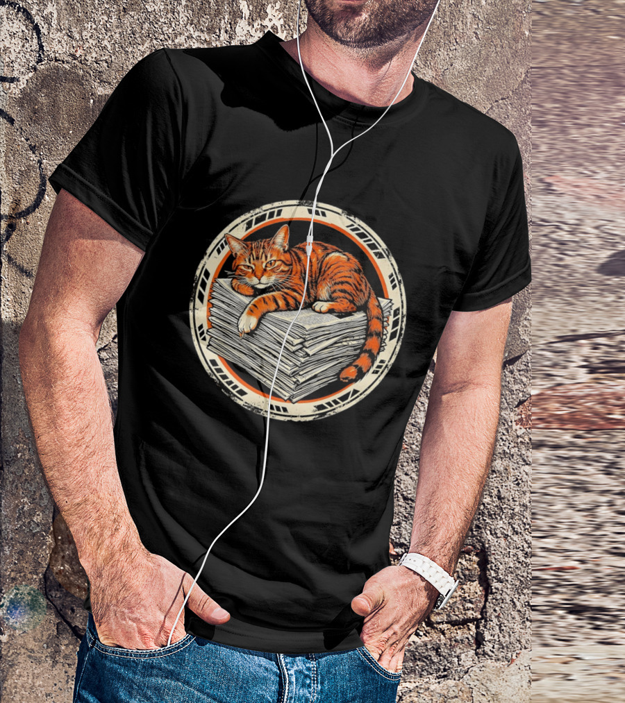 Orange Cat Relaxing On Stack Of Newspapers In Circle T-Shirt