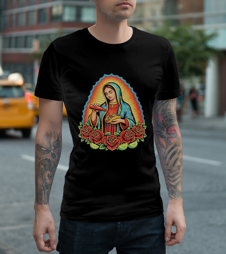 Our Lady Of Guadalupe Hot Sauce Taco With Roses And Lime T-Shirt
