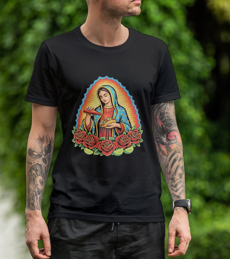 Our Lady Of Guadalupe Hot Sauce Taco With Roses And Lime T-Shirt