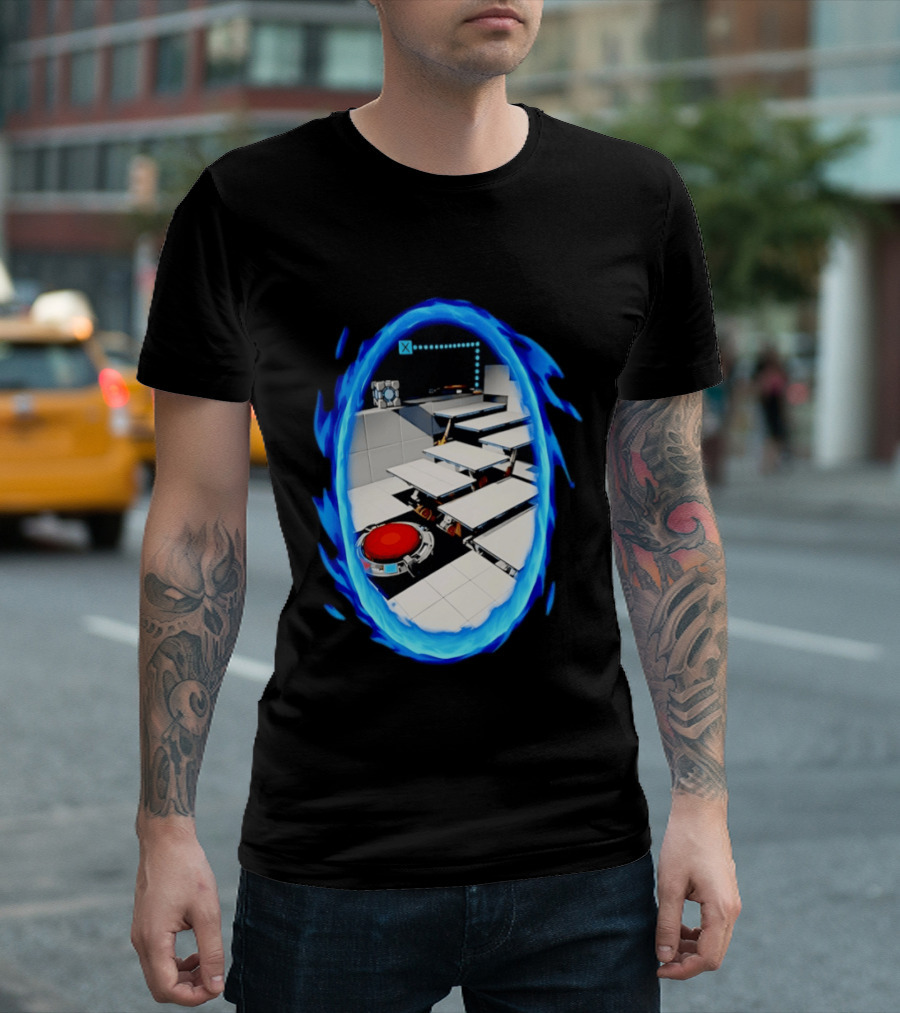 Portal Weighted Companion Cube Aperture Science Test Chamber Blue Portal Steps T-Shirt