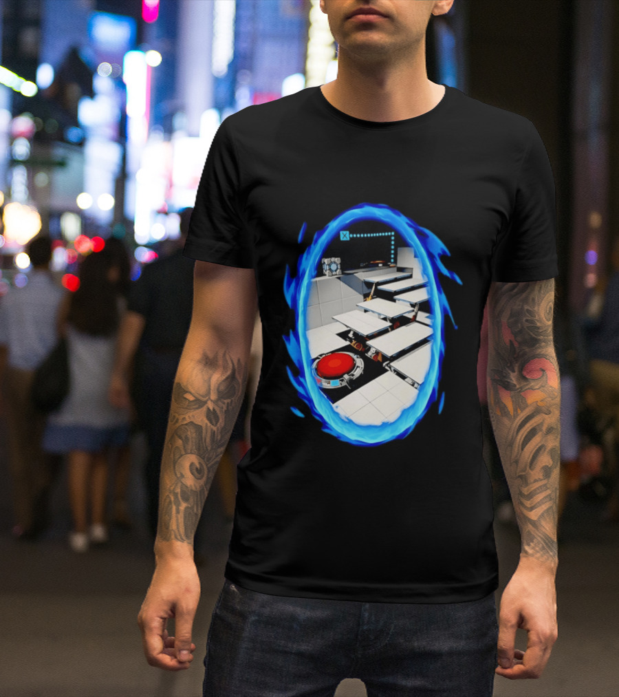 Portal Weighted Companion Cube Aperture Science Test Chamber Blue Portal Steps T-Shirt