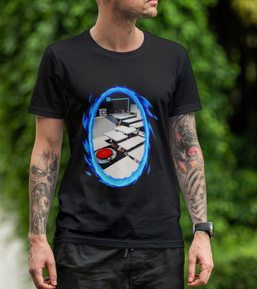 Portal Weighted Companion Cube Aperture Science Test Chamber Blue Portal Steps T-Shirt