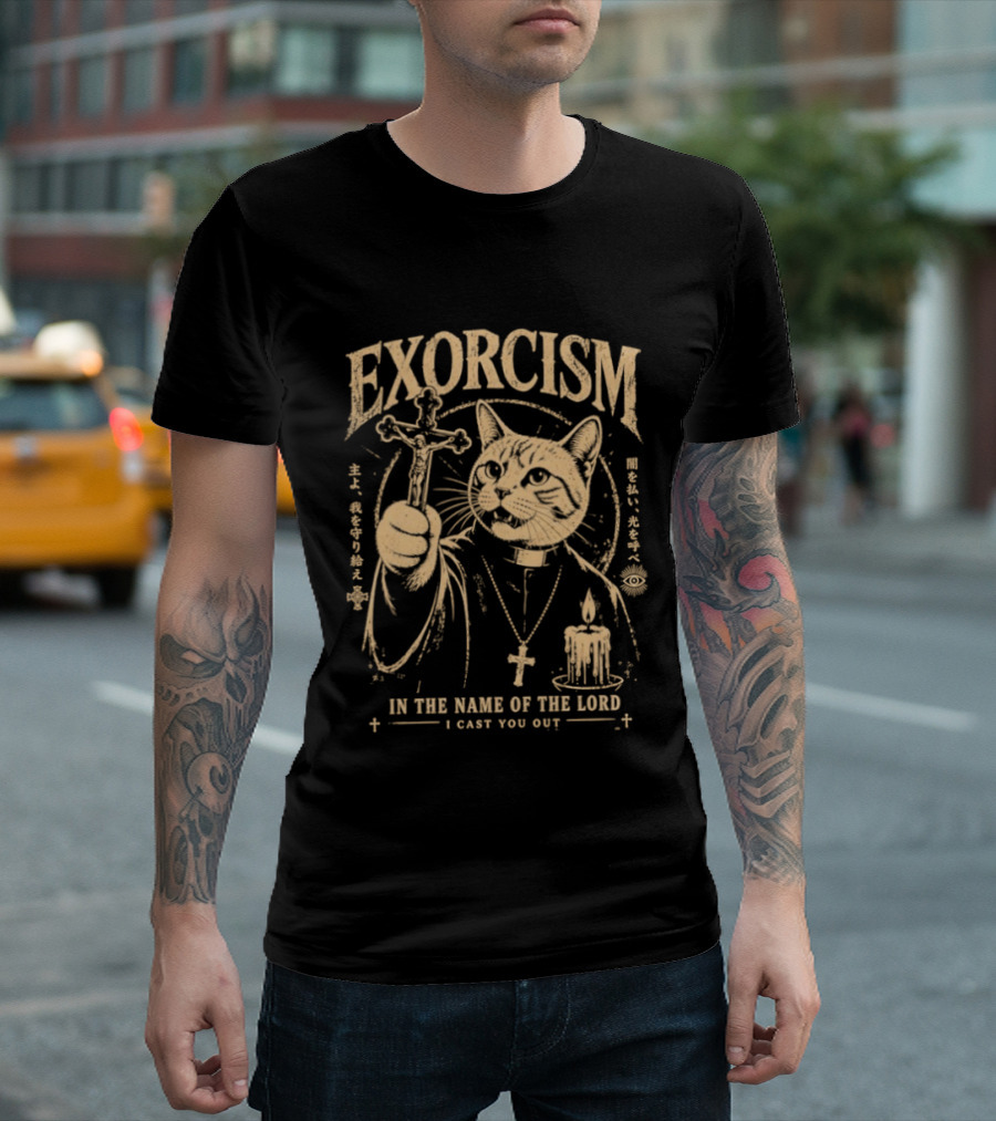 Exorcism Cat In The Name Of The Lord I Cast You Out Cross Candle T-Shirt