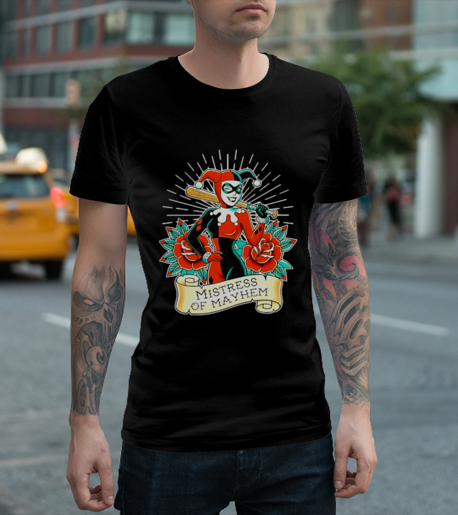 Harley Quinn DC Comics Mistress Of Mayhem Roses And Bat T-Shirt