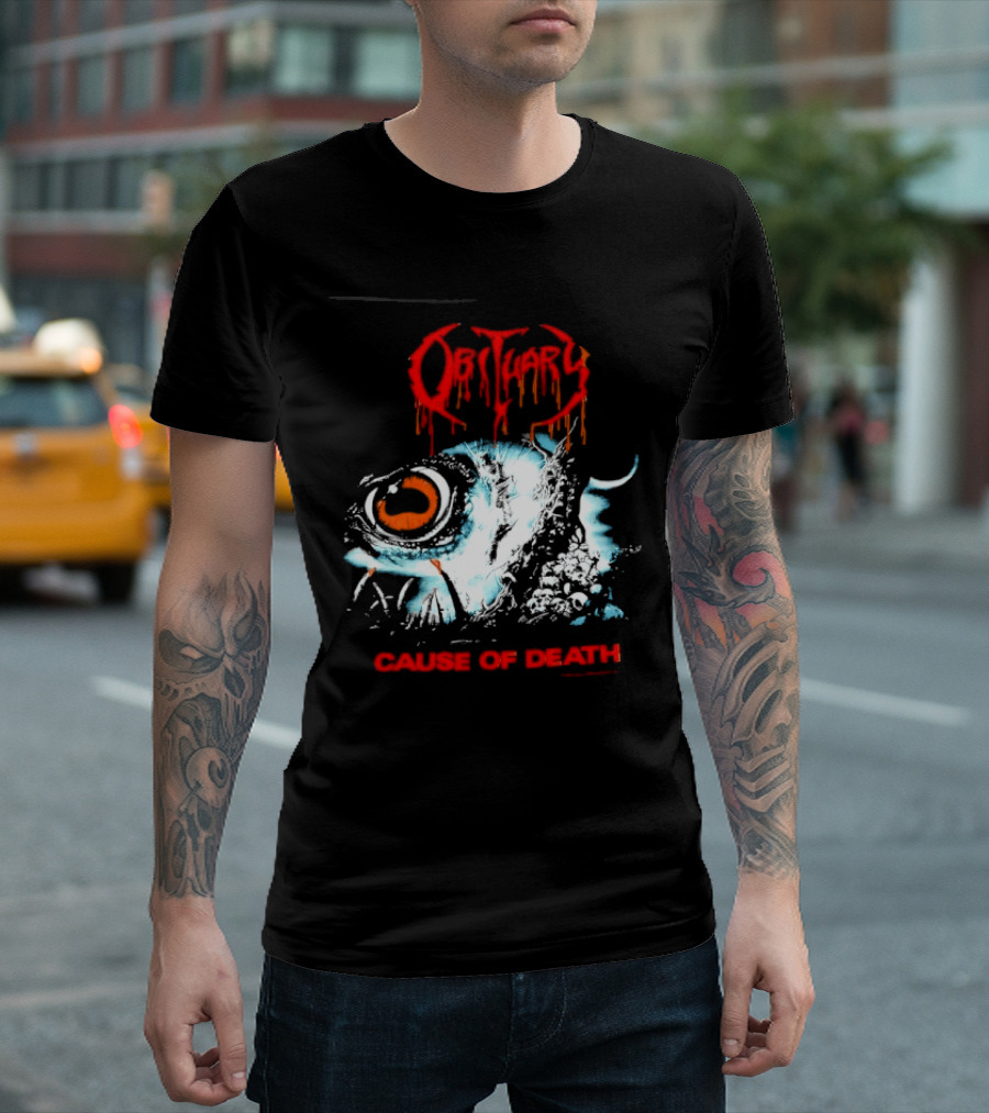 Obituary Cause Of Death Eye Metal Band With Orange Red T-Shirt
