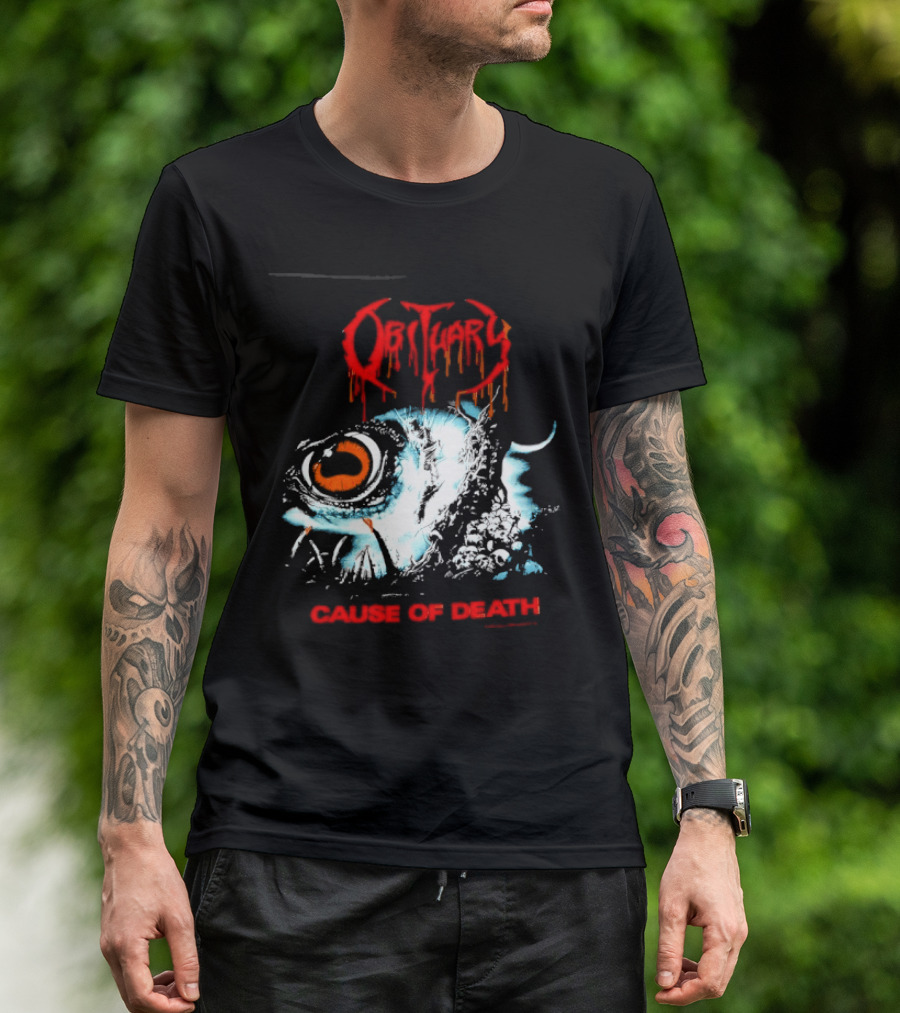 Obituary Cause Of Death Eye Metal Band With Orange Red T-Shirt