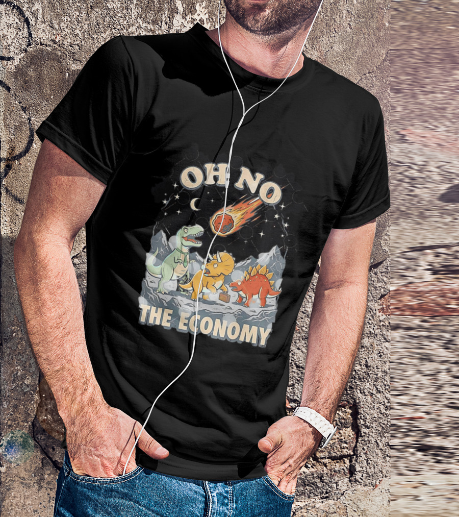 Oh No The Economy Dinosaurs Meteor Cartoon Funny Design Dinosaur Comic T-Shirt