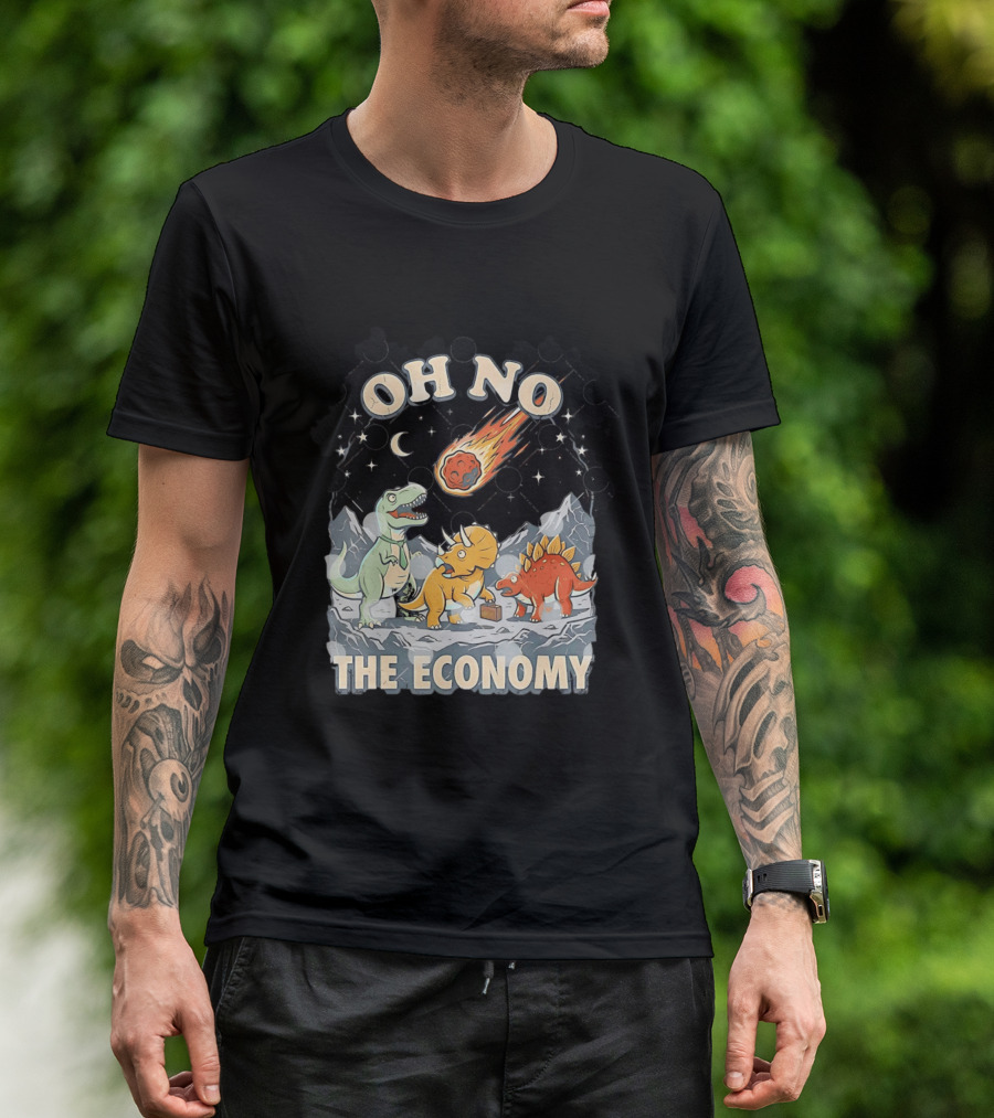 Oh No The Economy Dinosaurs Meteor Cartoon Funny Design Dinosaur Comic T-Shirt