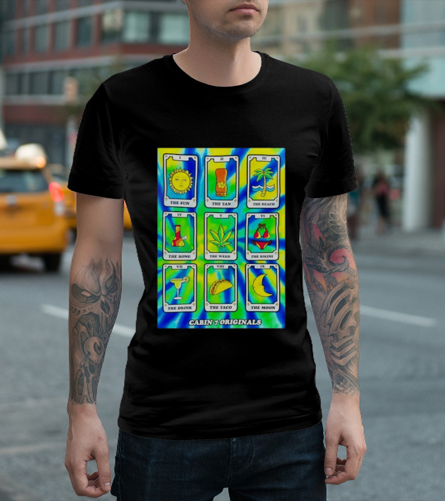 Cabin 7 Originals Tarot Cards Sun Tan Beach Bong Weed Bikini Drink Taco Moon T-Shirt