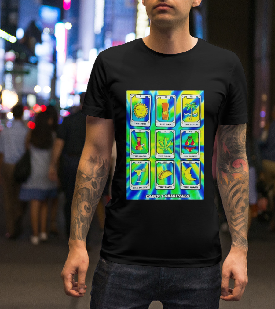Cabin 7 Originals Tarot Cards Sun Tan Beach Bong Weed Bikini Drink Taco Moon T-Shirt