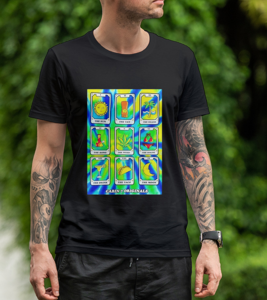 Cabin 7 Originals Tarot Cards Sun Tan Beach Bong Weed Bikini Drink Taco Moon T-Shirt