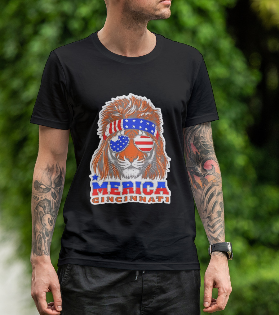 Cincinnati Merica Patriotic Tiger Mullet USA Flag T-Shirt