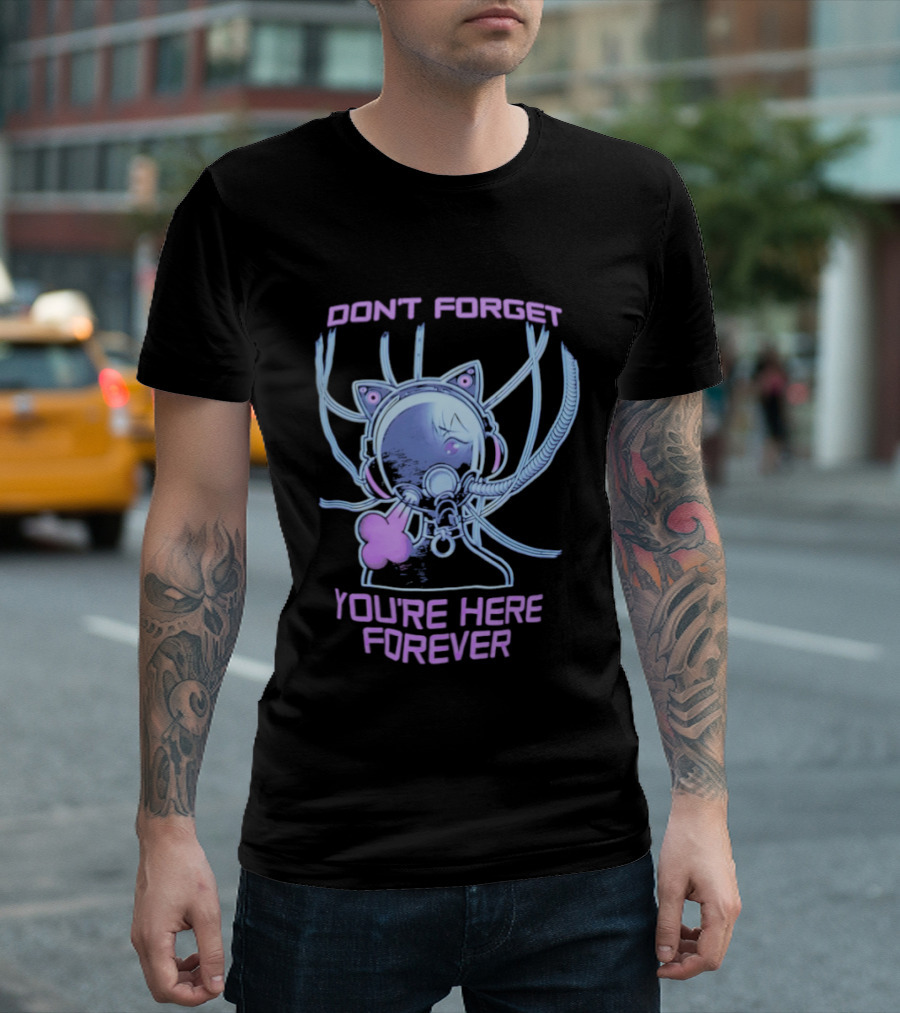 Don't Forget You're Here Forever Cyberpunk Cat Girl Visor And Cables T-Shirt