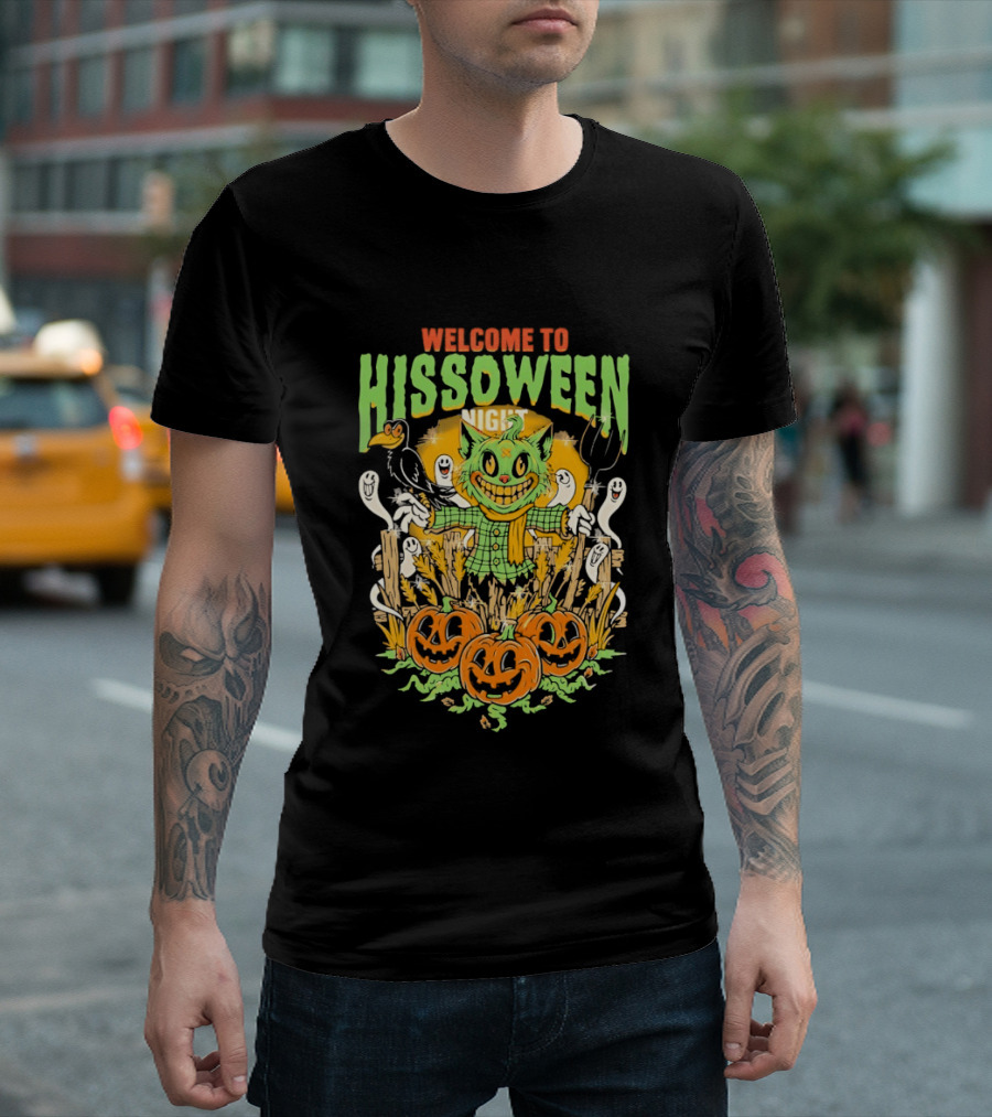 Welcome To Hissoween Night Cat Ghost Scarecrow Pumpkin T-Shirt