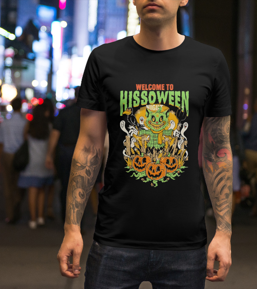 Welcome To Hissoween Night Cat Ghost Scarecrow Pumpkin T-Shirt