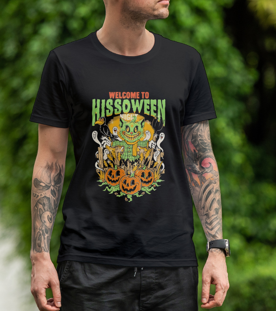 Welcome To Hissoween Night Cat Ghost Scarecrow Pumpkin T-Shirt