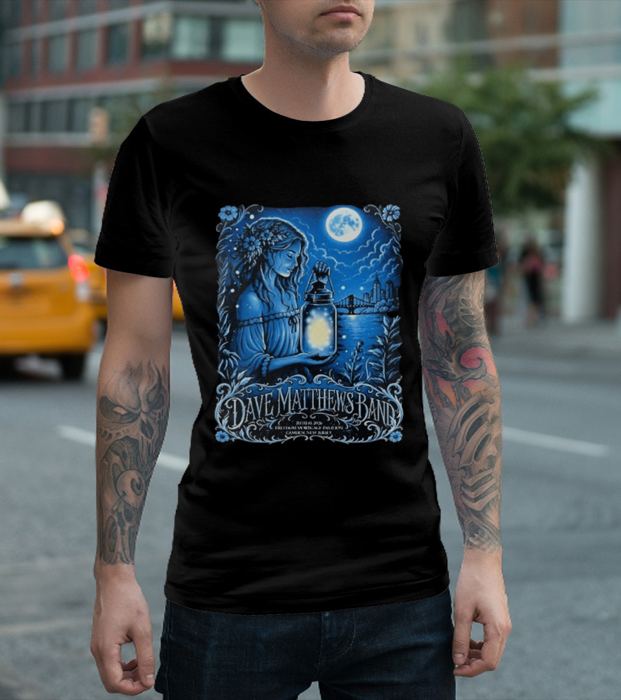 Dave Matthews Band July 10 2026 Freedom Mortgage Pavilion Camden New Jersey Moonlit Lantern And City Skyline T-Shirt