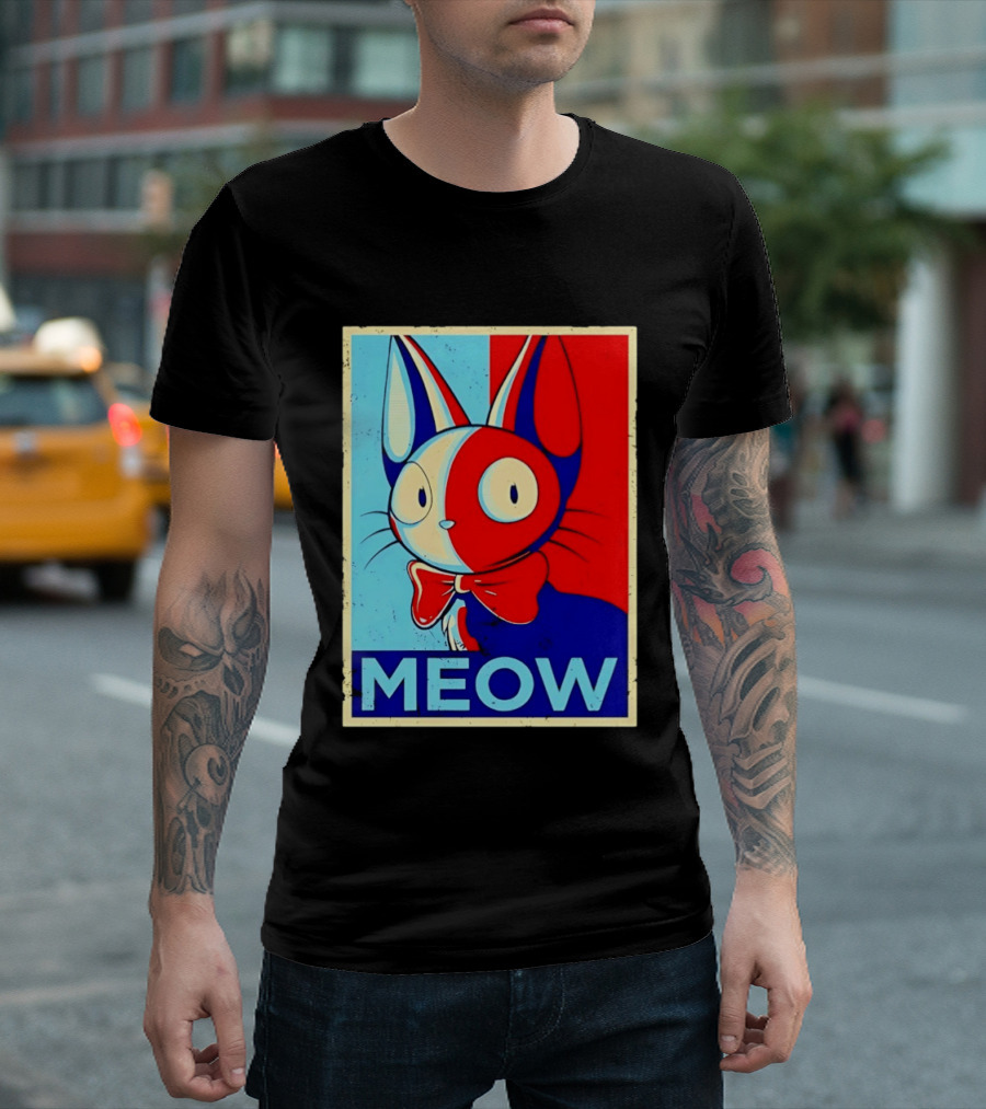 Meow Red Blue Cat Bow Tie T-Shirt