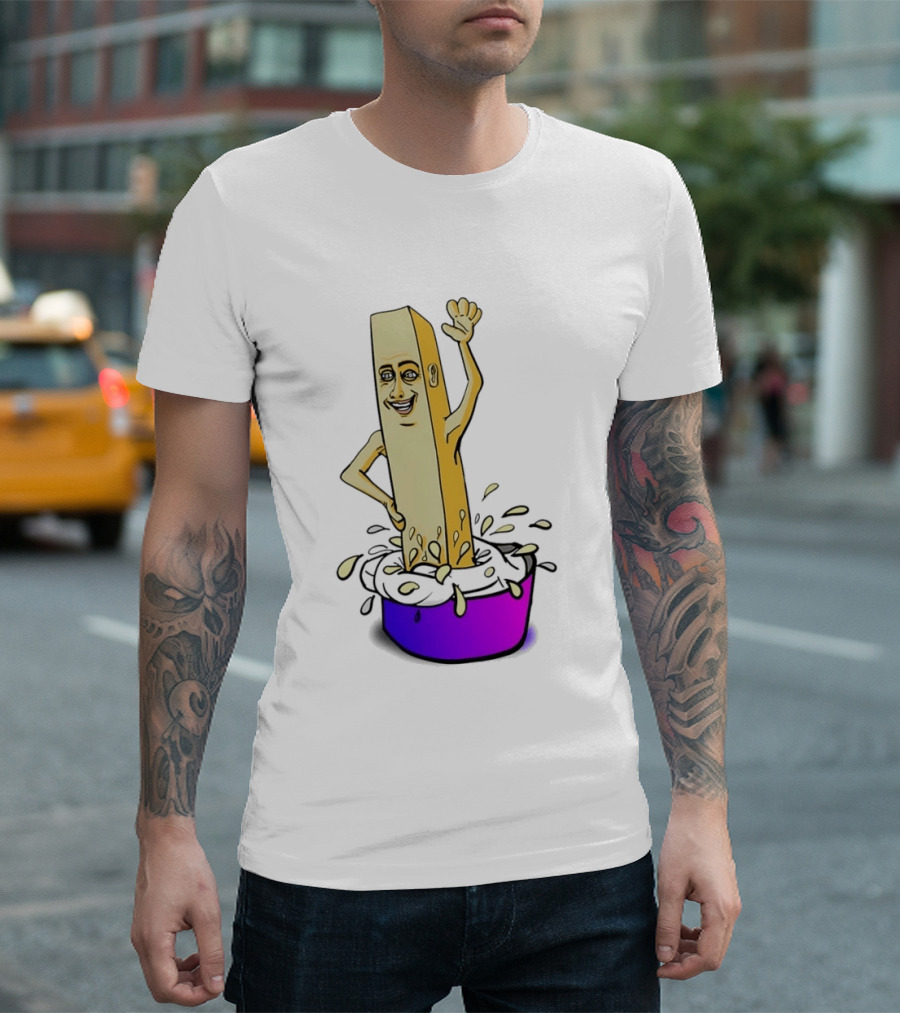 Belgian French Fry Cartoon Character Waving In Sauce Bowl T-Shirt