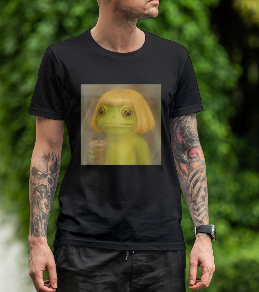 Blonde Wig Frog Holding Iced Coffee T-Shirt