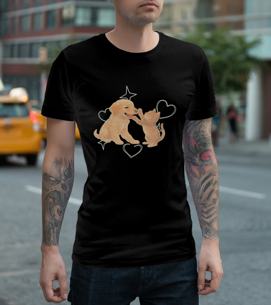 Golden Retriever Puppy And Tabby Kitten Playing With Stars And Hearts T-Shirt