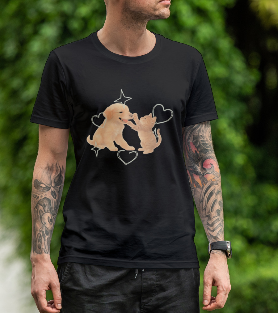 Golden Retriever Puppy And Tabby Kitten Playing With Stars And Hearts T-Shirt