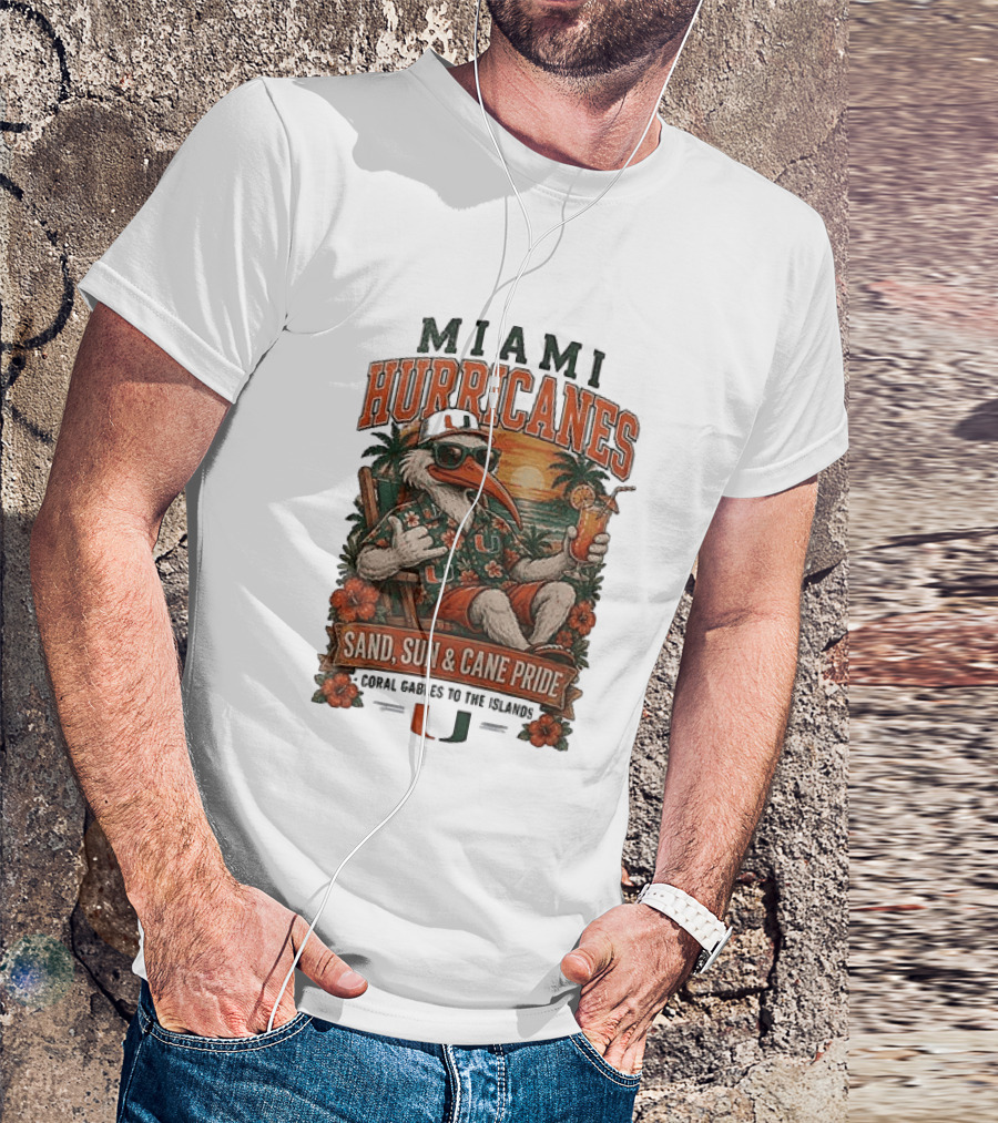 Miami Hurricanes Sand Sun Cane Pride Coral Gables To The Islands T-Shirt