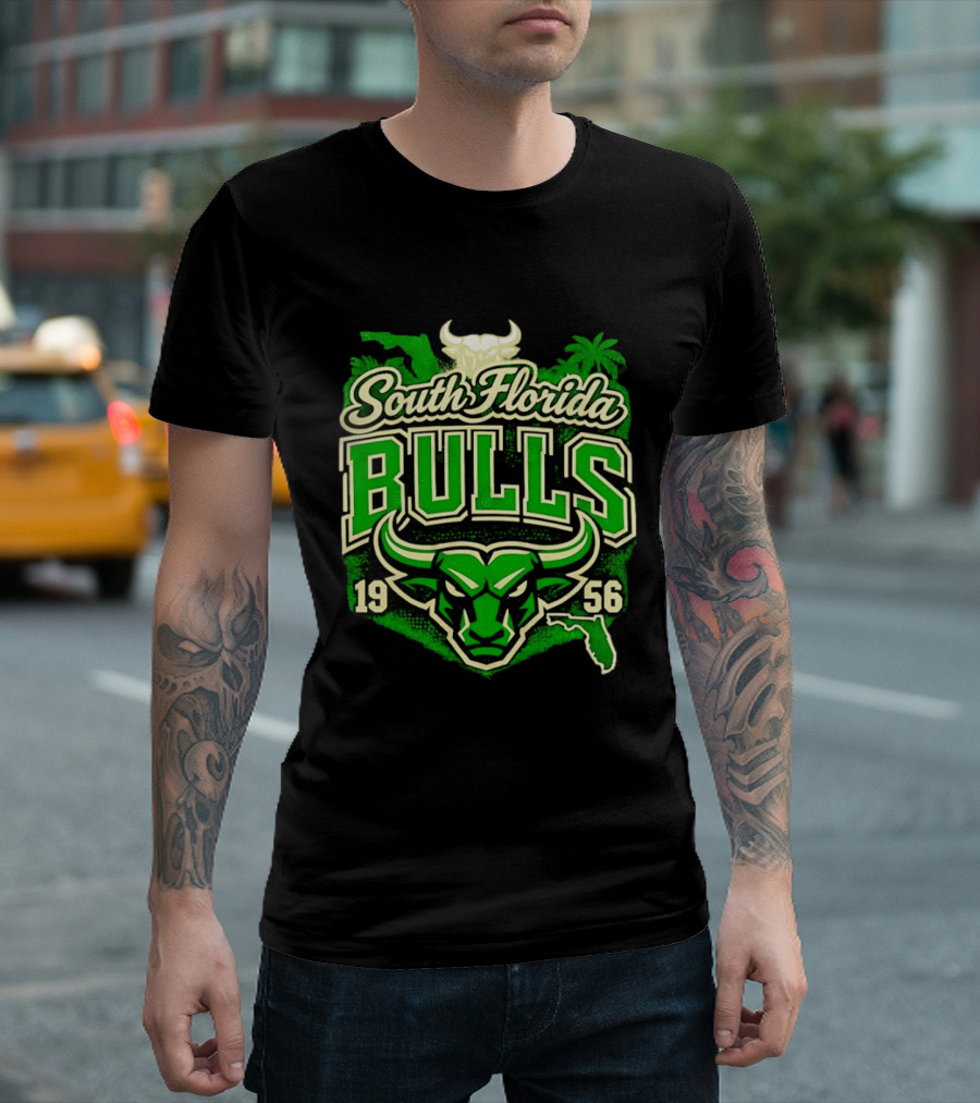 South Florida Bulls 1956 NCAA College Football Palm Tree Map Green Bull T-Shirt