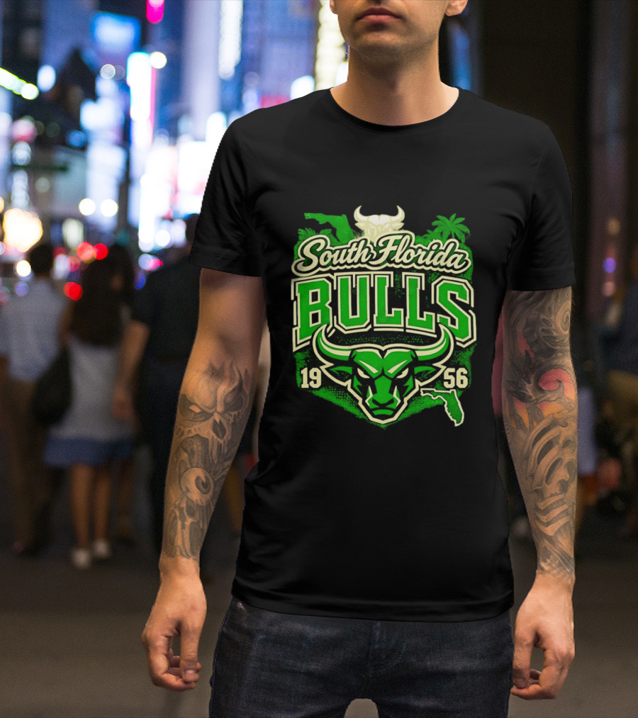 South Florida Bulls 1956 NCAA College Football Palm Tree Map Green Bull T-Shirt