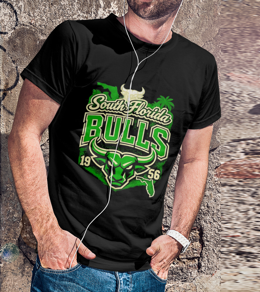 South Florida Bulls 1956 NCAA College Football Palm Tree Map Green Bull T-Shirt
