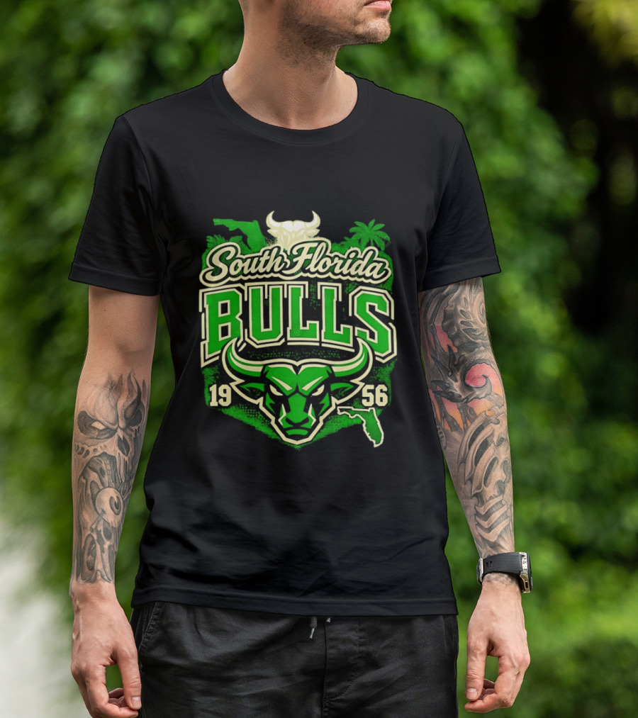 South Florida Bulls 1956 NCAA College Football Palm Tree Map Green Bull T-Shirt