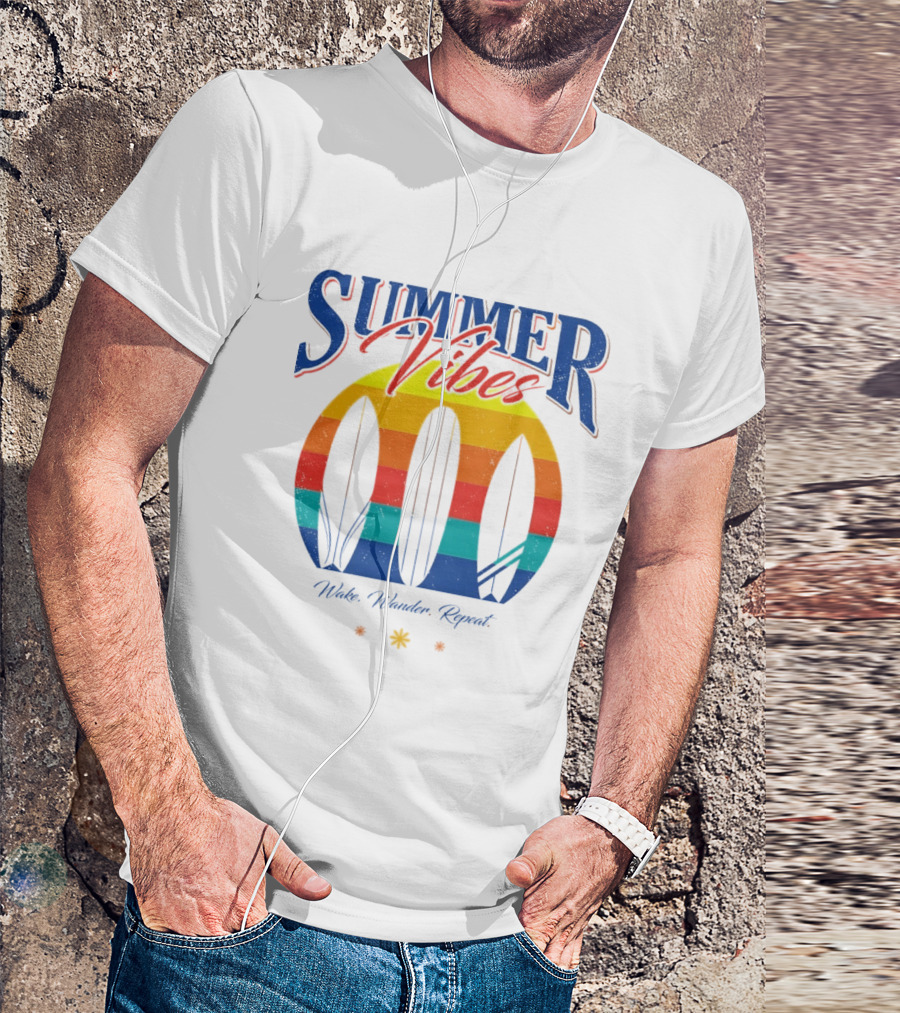 Summer Vibes Wake Wander Repeat Retro Surfboard Sunset T-Shirt