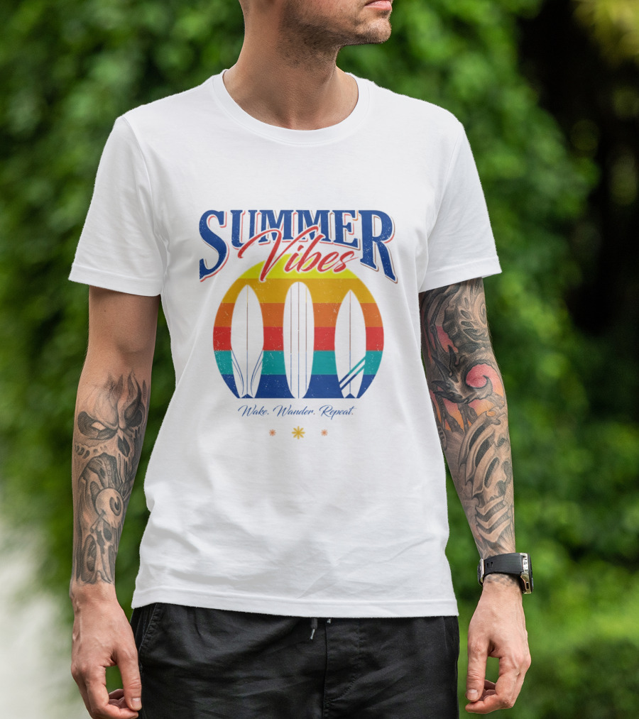 Summer Vibes Wake Wander Repeat Retro Surfboard Sunset T-Shirt