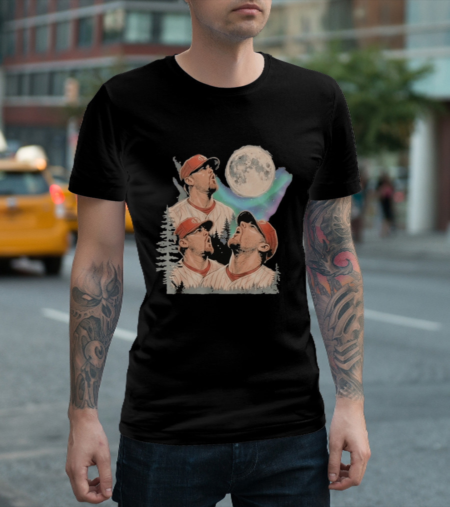 Three Howling Phillies 2026 Randy Wolf Meme Vintage Baseball Art Baseball Moon Forest T-Shirt
