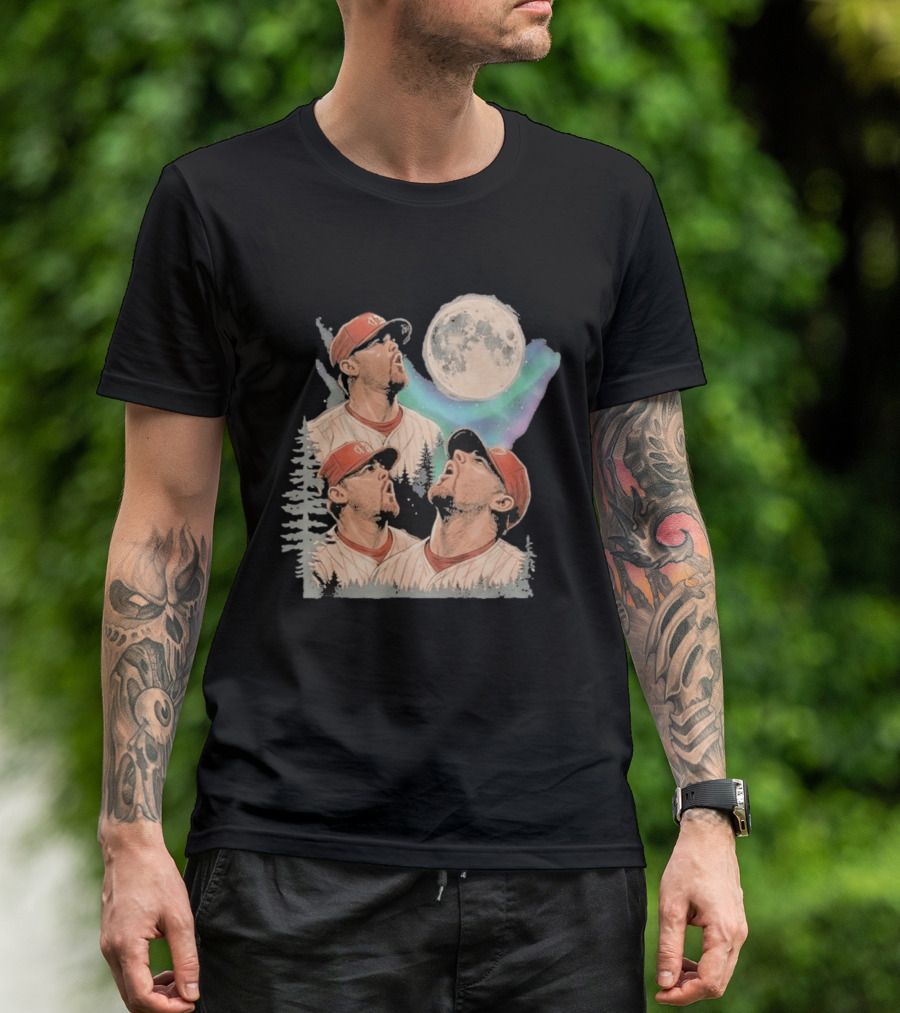 Three Howling Phillies 2026 Randy Wolf Meme Vintage Baseball Art Baseball Moon Forest T-Shirt