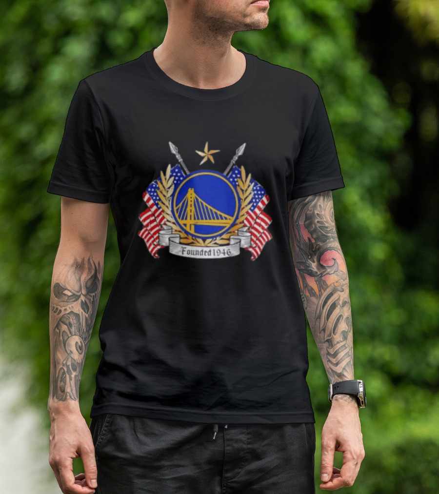 Golden State Warriors 1946 Emblem American Flags Distressed T-Shirt