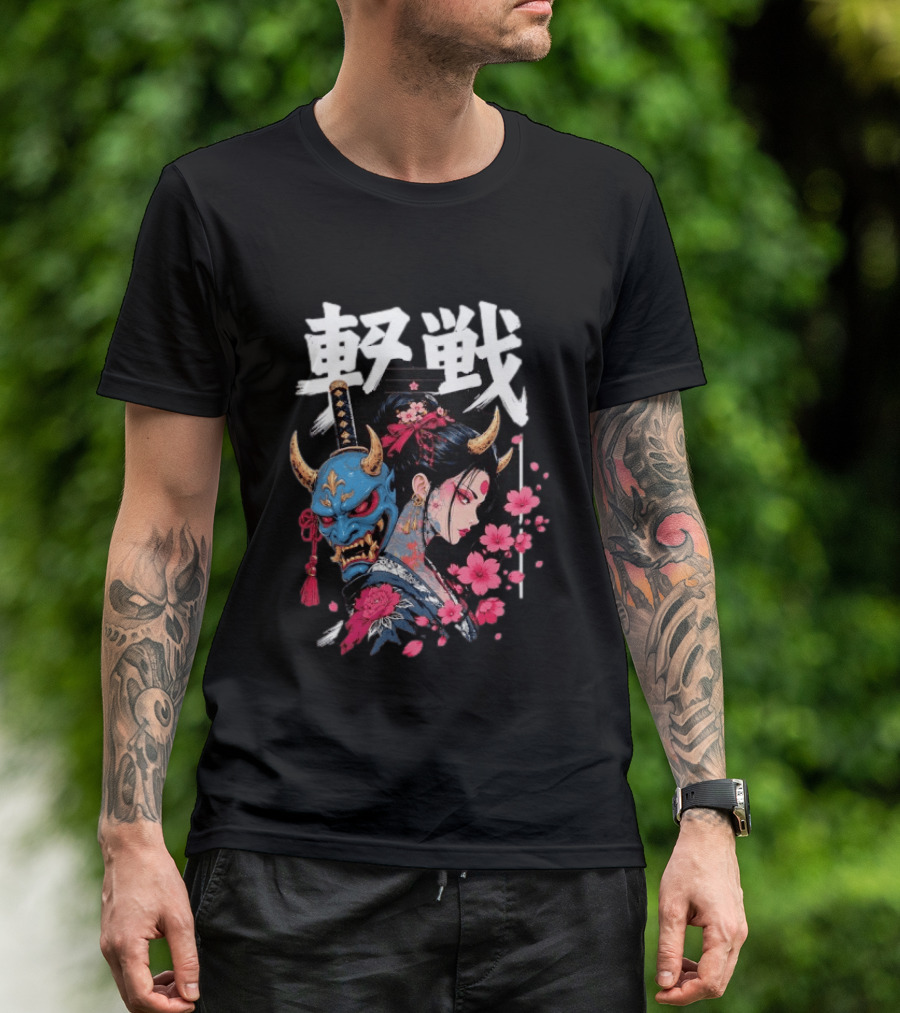 Japanese Oni Mask And Geisha With Cherry Blossoms Kanji T-Shirt