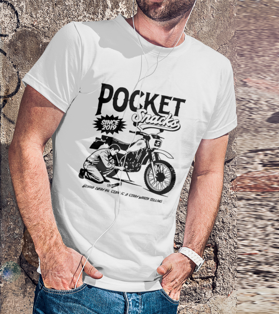 Pocket Snacks Since 2019 Motorcycle Mechanic Oil Stain T-Shirt