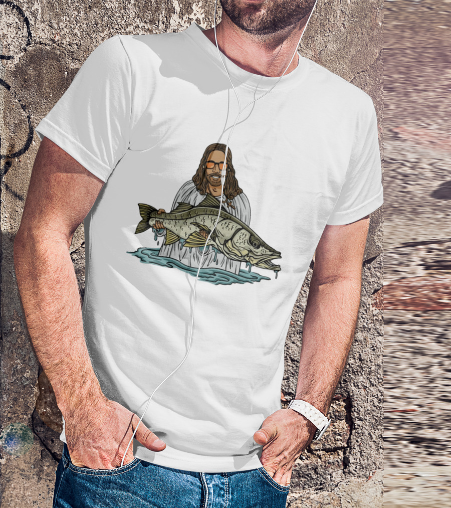 Jesus Holding Fish Like Jesus Fishing With Sunglasses T-Shirt