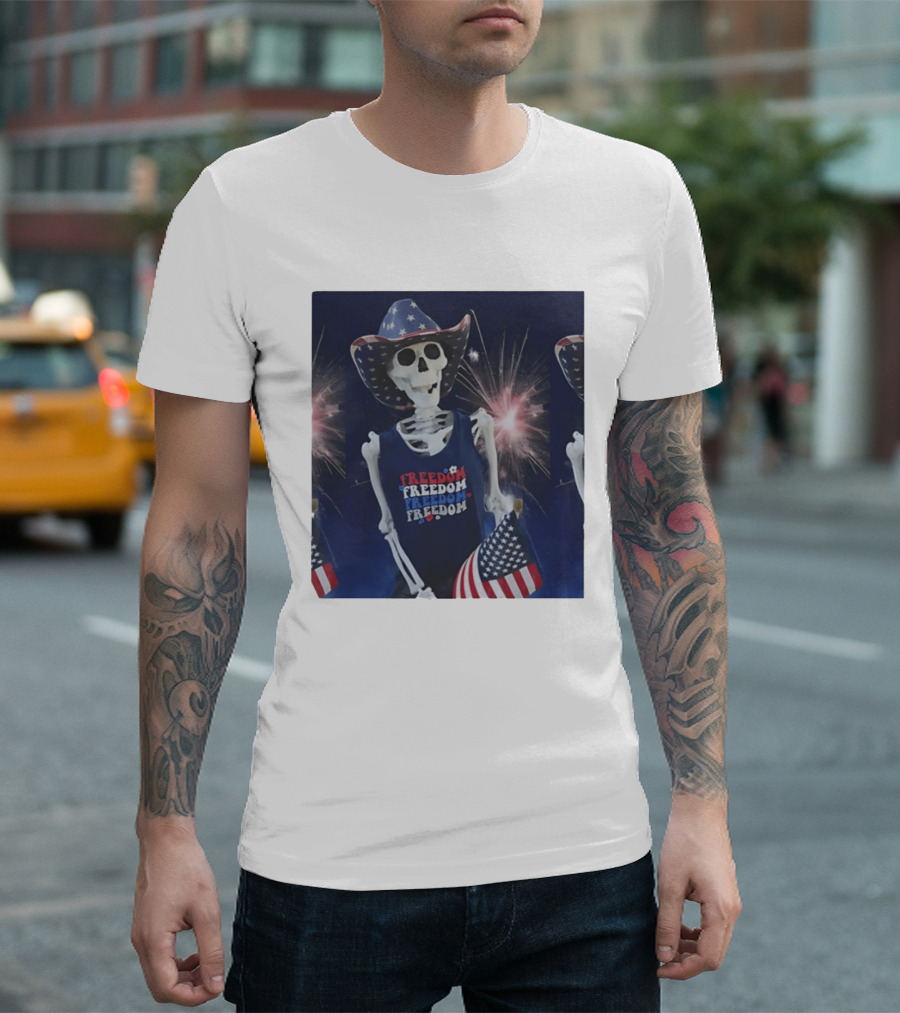 Freedom Skeleton Patriot With American Flag And Fireworks Fourth Of July T-Shirt