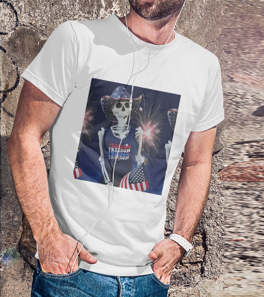 Freedom Skeleton Patriot With American Flag And Fireworks Fourth Of July T-Shirt