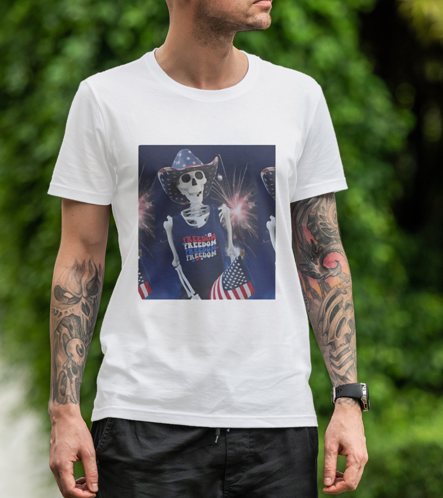 Freedom Skeleton Patriot With American Flag And Fireworks Fourth Of July T-Shirt
