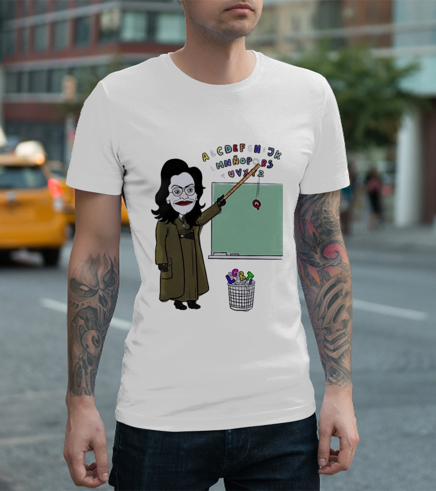 LGBTQ Alphabet Removal Cartoon Teacher With Chalkboard And Trash Bin T-Shirt