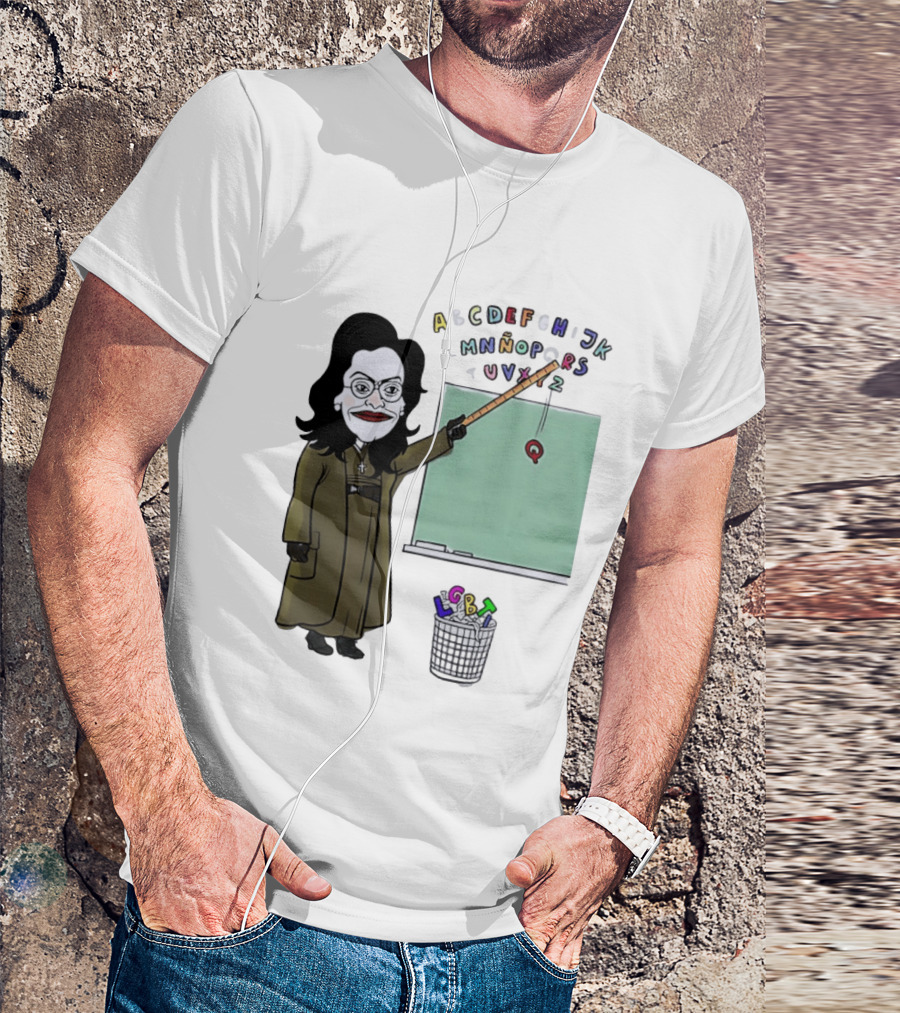LGBTQ Alphabet Removal Cartoon Teacher With Chalkboard And Trash Bin T-Shirt