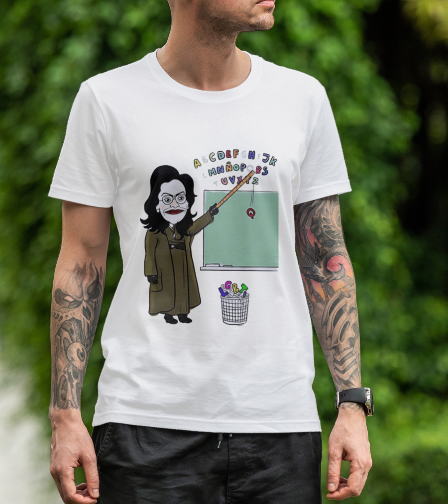 LGBTQ Alphabet Removal Cartoon Teacher With Chalkboard And Trash Bin T-Shirt
