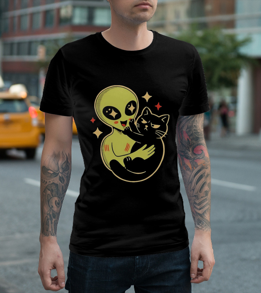 Alien Holding Grumpy Black Cat Surrounded By Stars T-Shirt